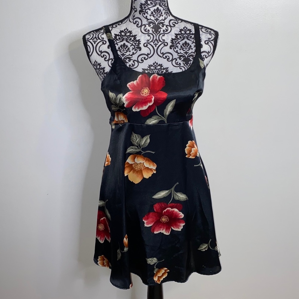 Marisa Black Satin Dress with Large Flower Pattern
